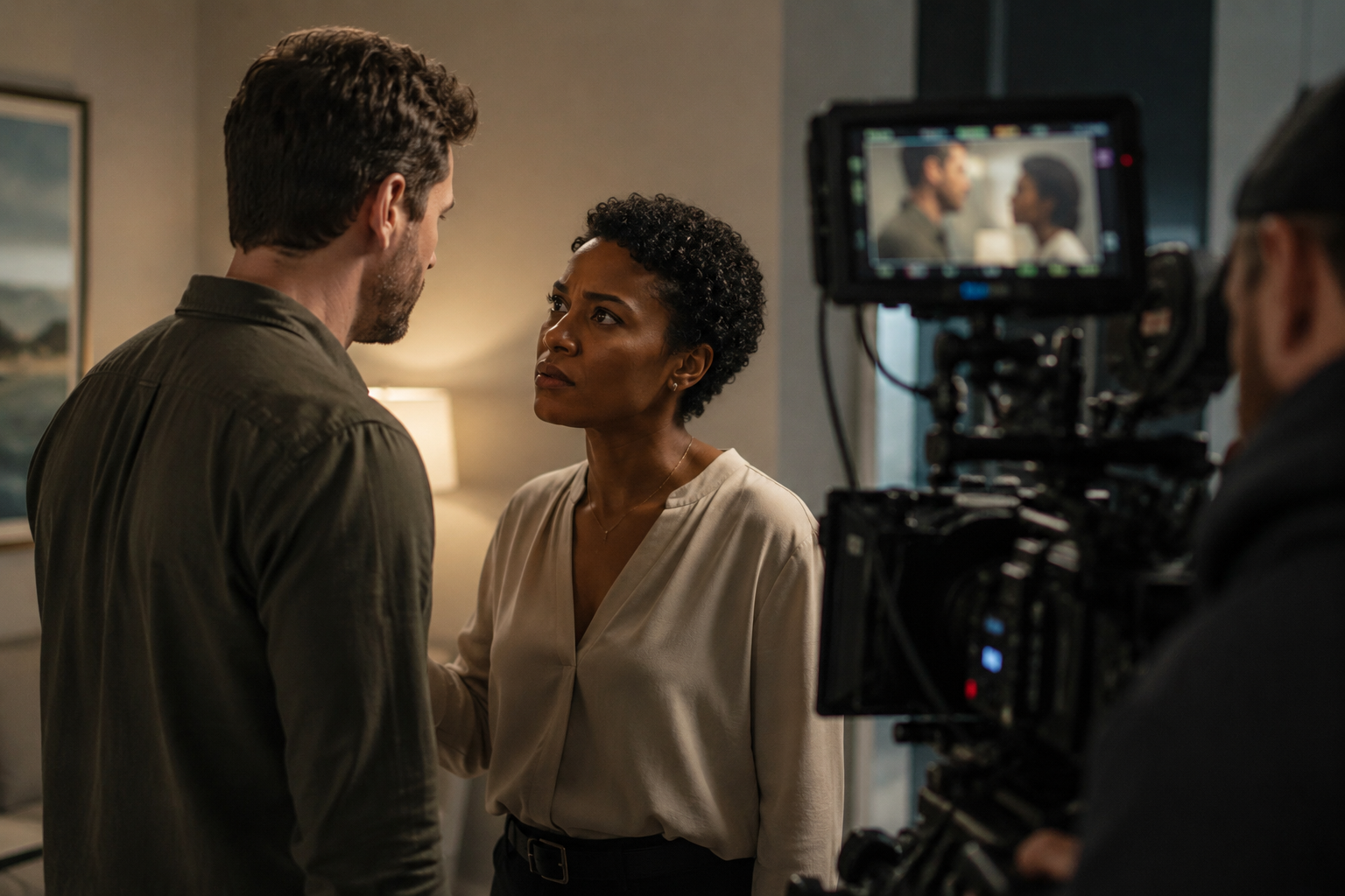Two actors rehearsing a scene on a film set beside the camera