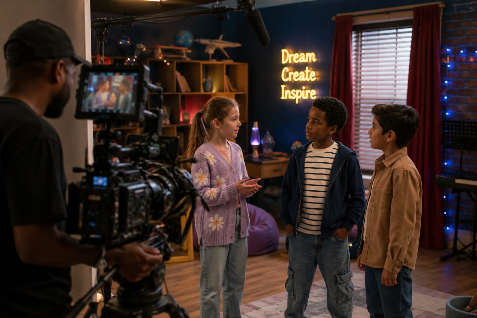 Young actors on a film set with a Dream Create Inspire neon sign