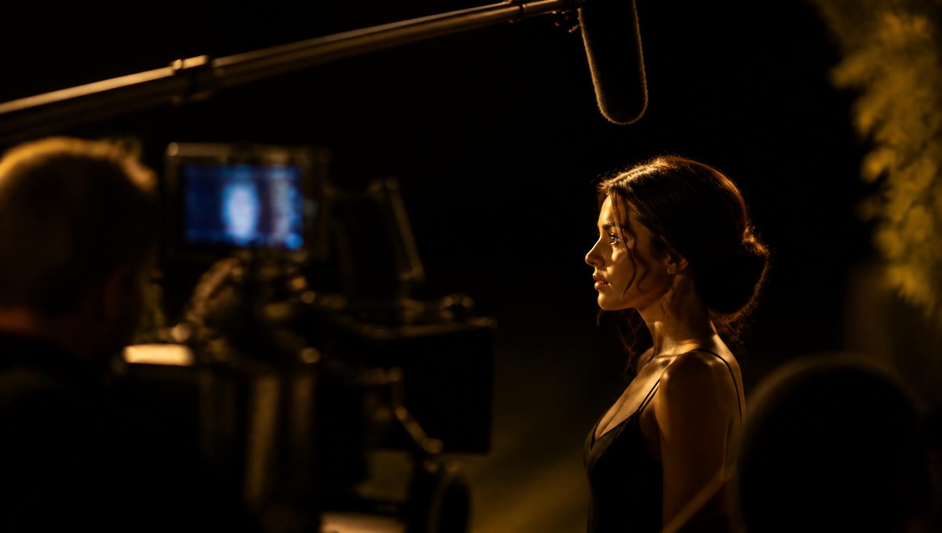 Actress on a film set lit by warm key light